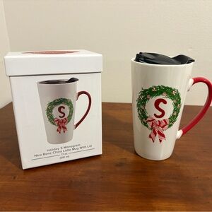 Holiday S Monogram Latte Mug with Lid - Red and White